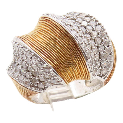 925 Sterling Silver Vintage Ring Two Tone CZ Ribbed Dome Band  Sz 7.5  RG35621