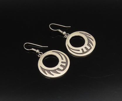 925 Sterling Silver  Vintage Open Circle Carved Design Dangle Earrings EG12166