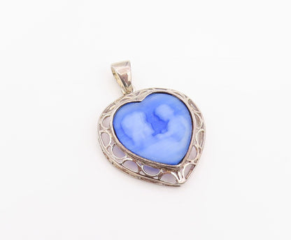 925 Sterling Silver Vintage Pendant Blue Agate Mother & Baby Cameo Charm PT25987