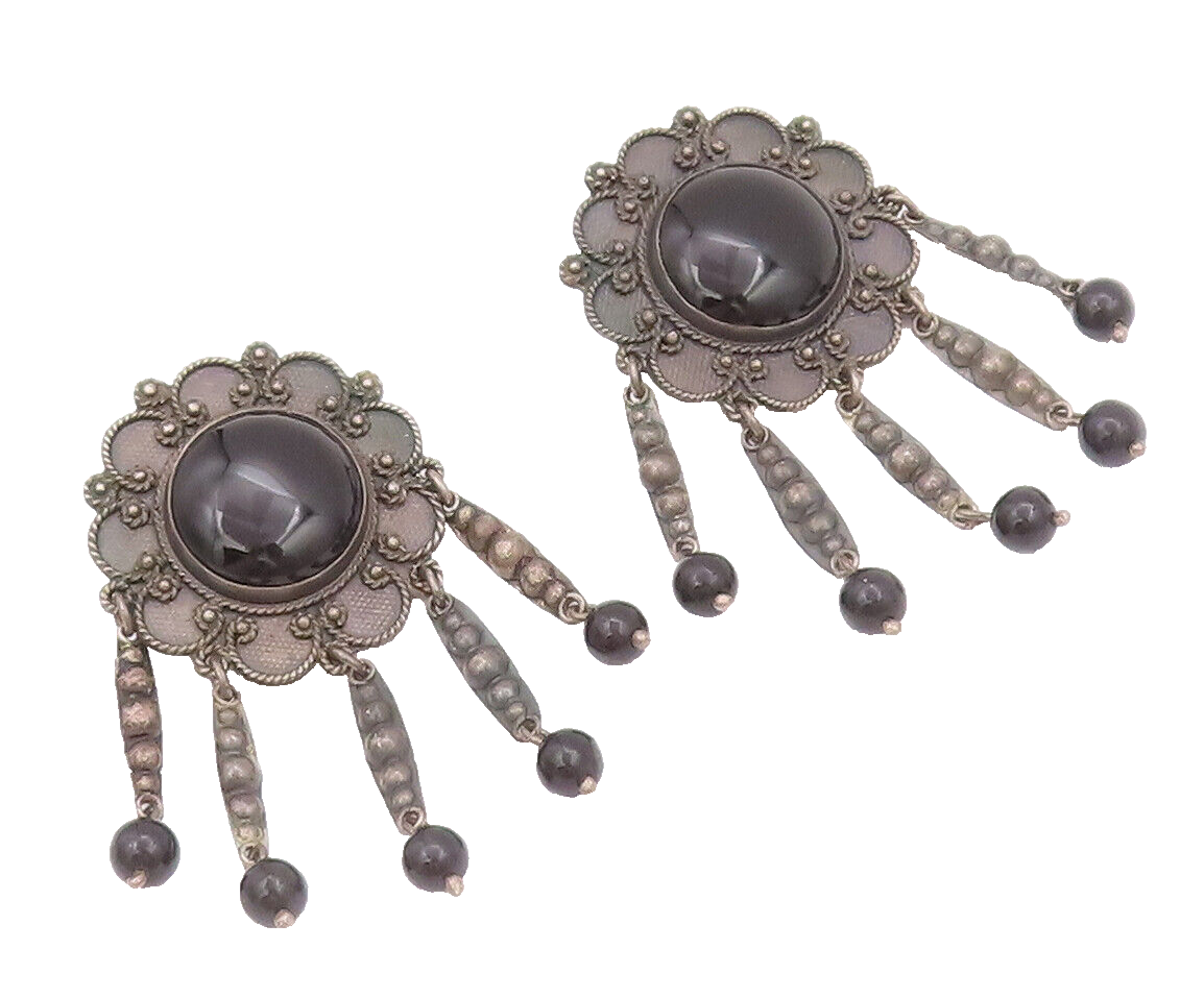 925 Sterling Silver Vintage Earrings Floral Carved Onyx Beaded Dangles  EG12916