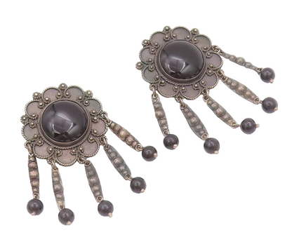 925 Sterling Silver Vintage Earrings Floral Carved Onyx Beaded Dangles  EG12916
