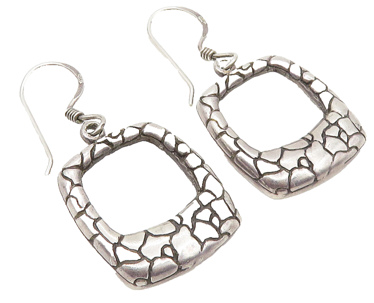 925 Sterling Silver  Vintage Shiny Cobble Etched Square Drop Earrings  EG5789