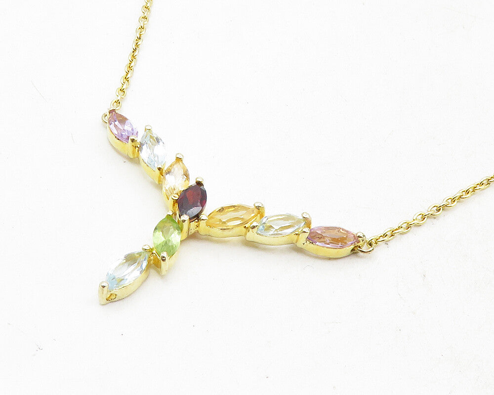 925 Sterling Silver Garnet & Multi Stone Gold Plated Chain Necklace NE1950