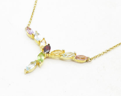 925 Sterling Silver Garnet & Multi Stone Gold Plated Chain Necklace NE1950