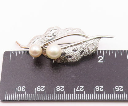 925 Silver  Vintage Cultured Pearls Shiny Floral Leaf Brooch Pin  BP8881