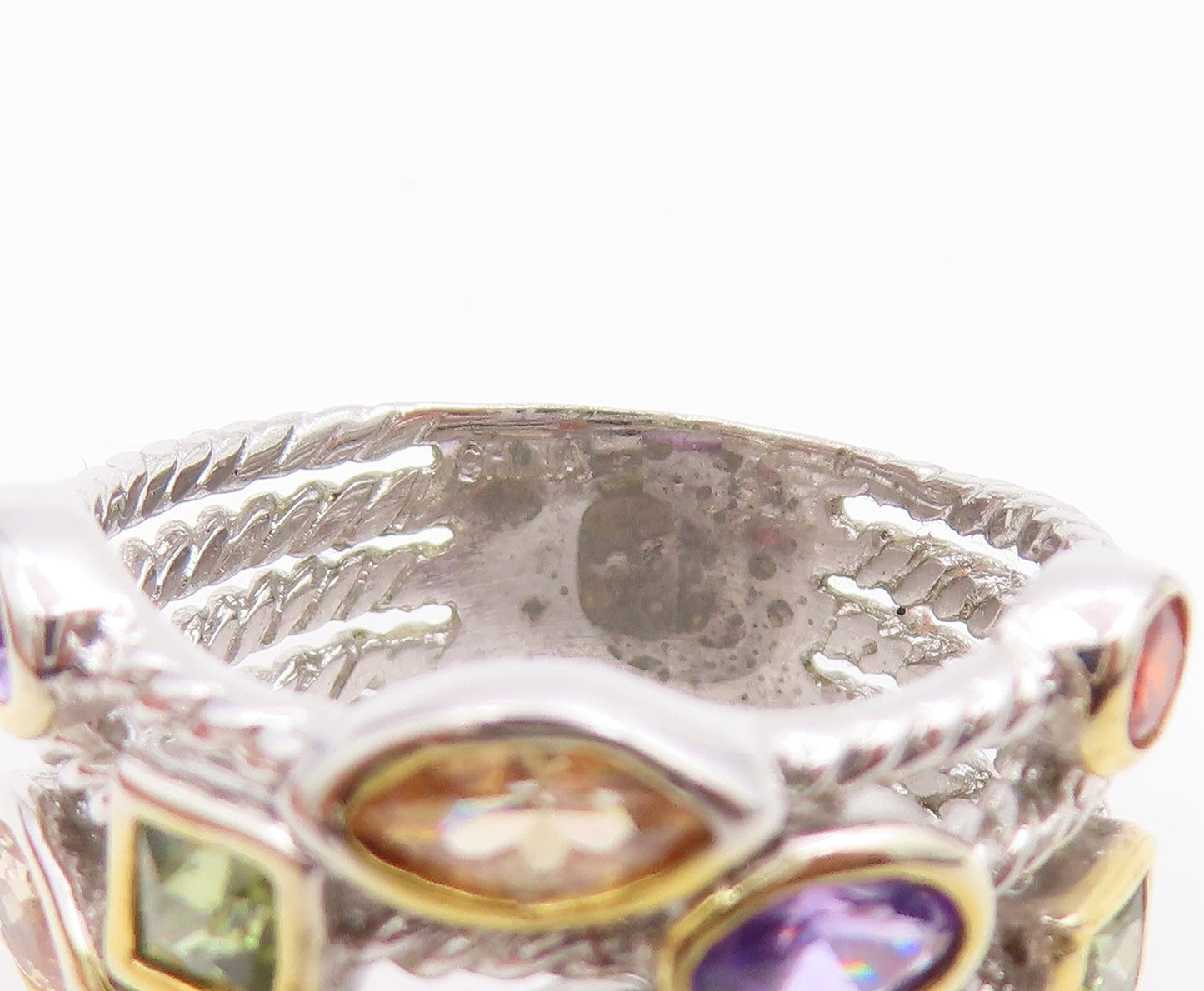 925 Sterling Silver Vintage Ring Multi Gemstone Twisted Cable  Sz 7.5  RG35667