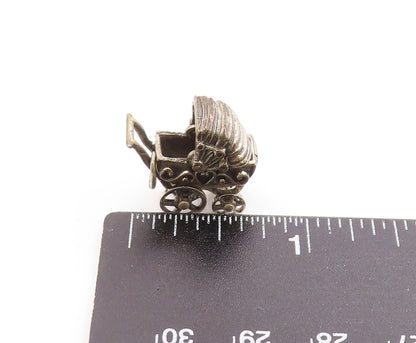 925 Sterling Silver Vintage Pendant BEAU 3D Baby Stroller Charm MOVES  PT26269
