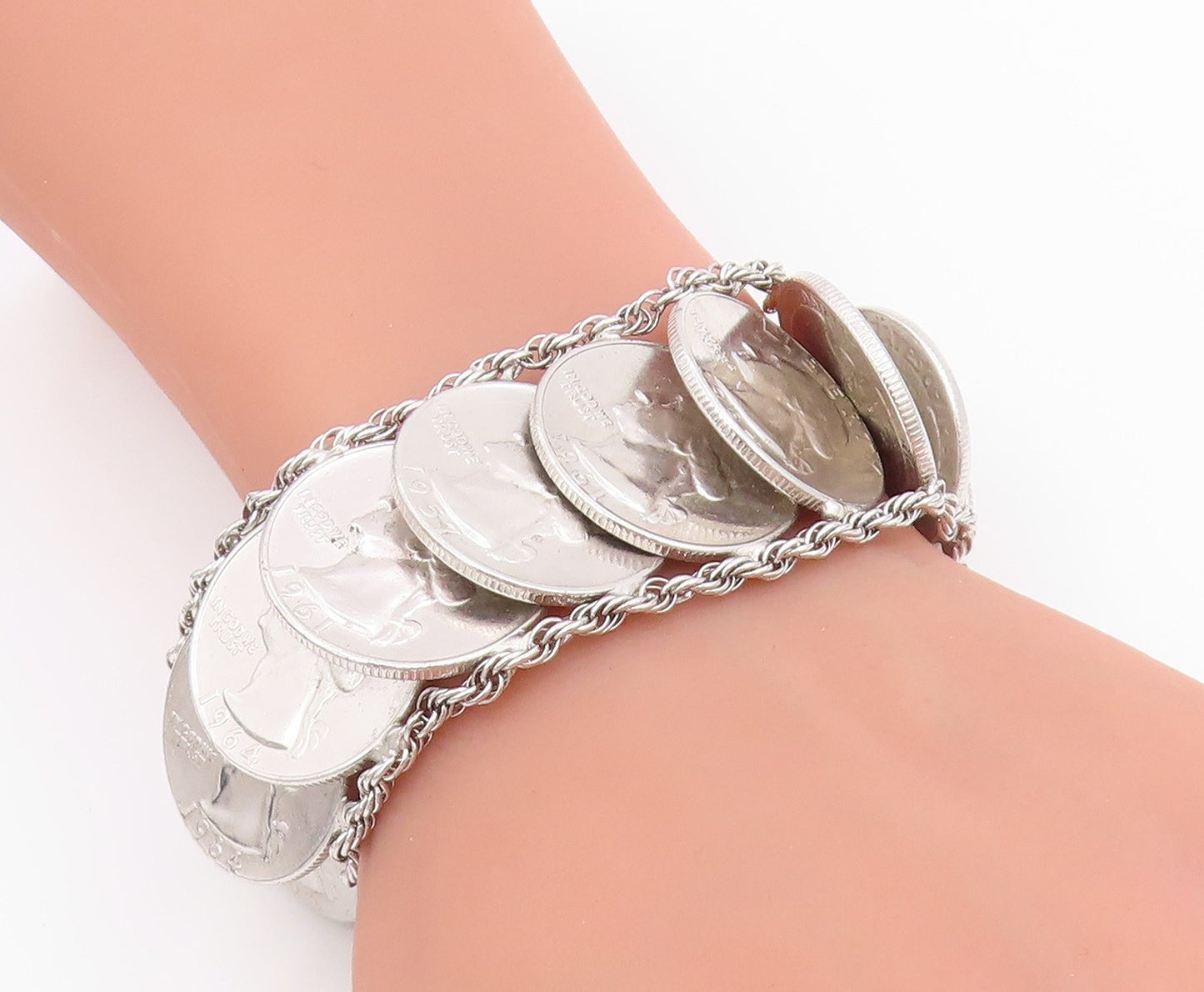 925 Sterling Silver Vintage Bracelet Solid US Quarter Dollar Coins Link  BT11626