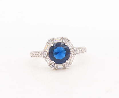 925 Sterling Silver Vintage Ring Round Cut Sapphire Halo CZ  Sz 7  RG29652