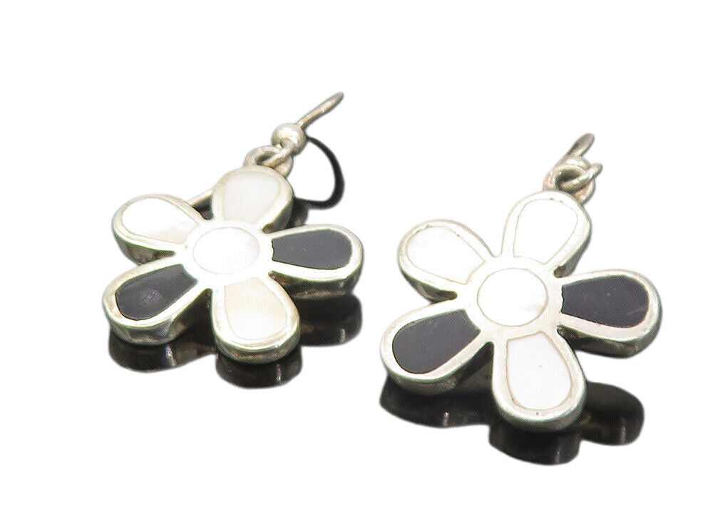 925 Silver  Vintage Mother Of Pearl & Black Onyx Flower Dangle Earrings EG3783