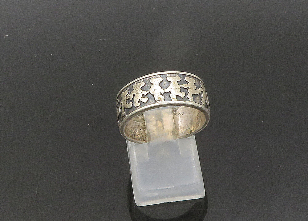 MEXICO 925 Silver  Vintage Oxidized Teddy Bears Band Ring Sz 7.5  RG21940