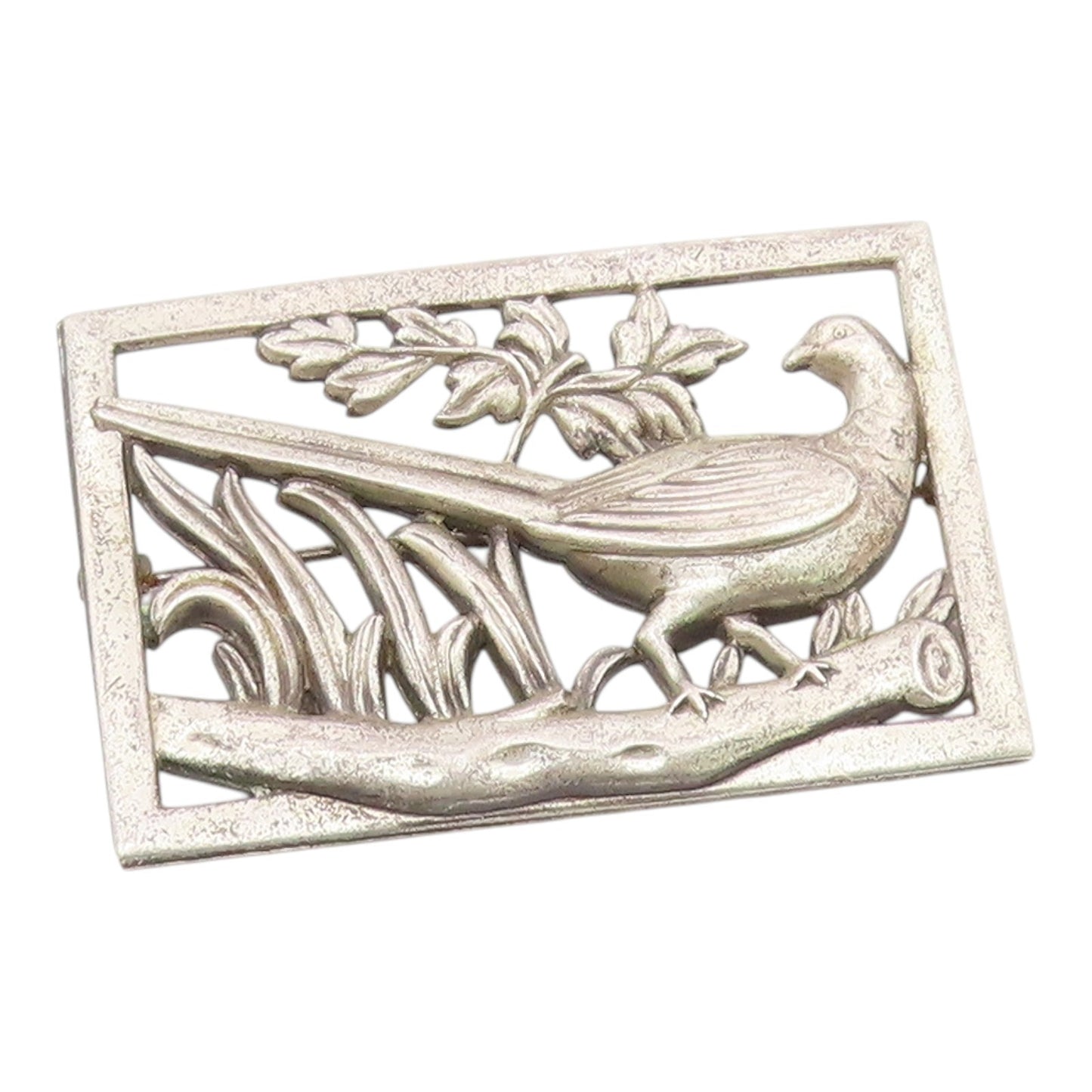 925 Sterling Silver  Vintage Long Tailed Bird Floral Motif Brooch Pin  BP6267