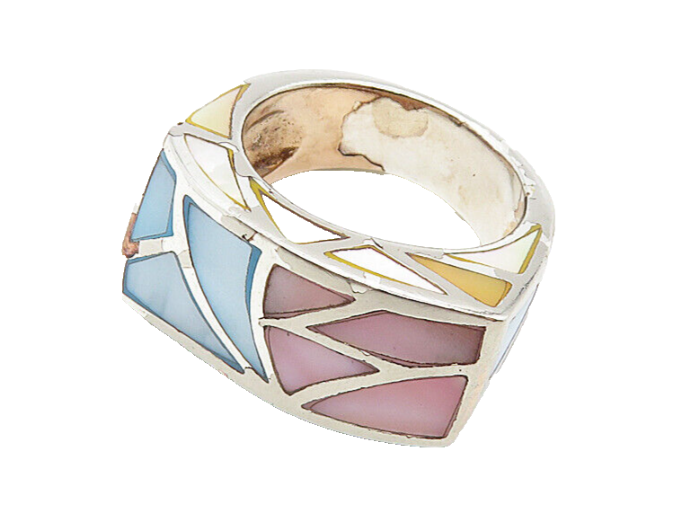925 Sterling Silver  Vintage Mother Of Pearl Mosaic Band Ring Sz 6  RG8855