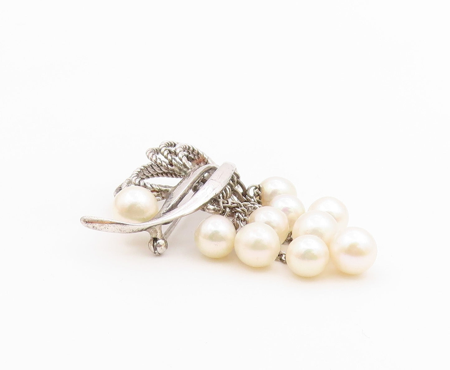 925 Silver  Vintage Curved Abstract Freshwater Pearl Dangle Brooch Pin  BP9975