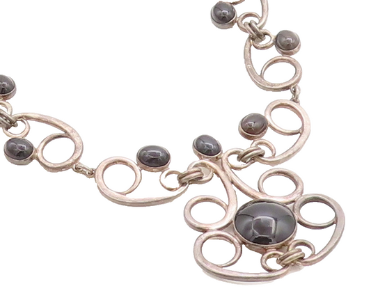 ISRAEL 925 Sterling Silver Vintage Black Onyx Swirl Chain Necklace  NE1416