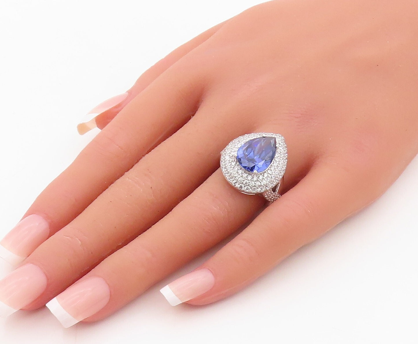 925 Sterling Silver Vintage Ring Drop Cut Sapphire Halo CZ Inlay  Sz 7  RG30509