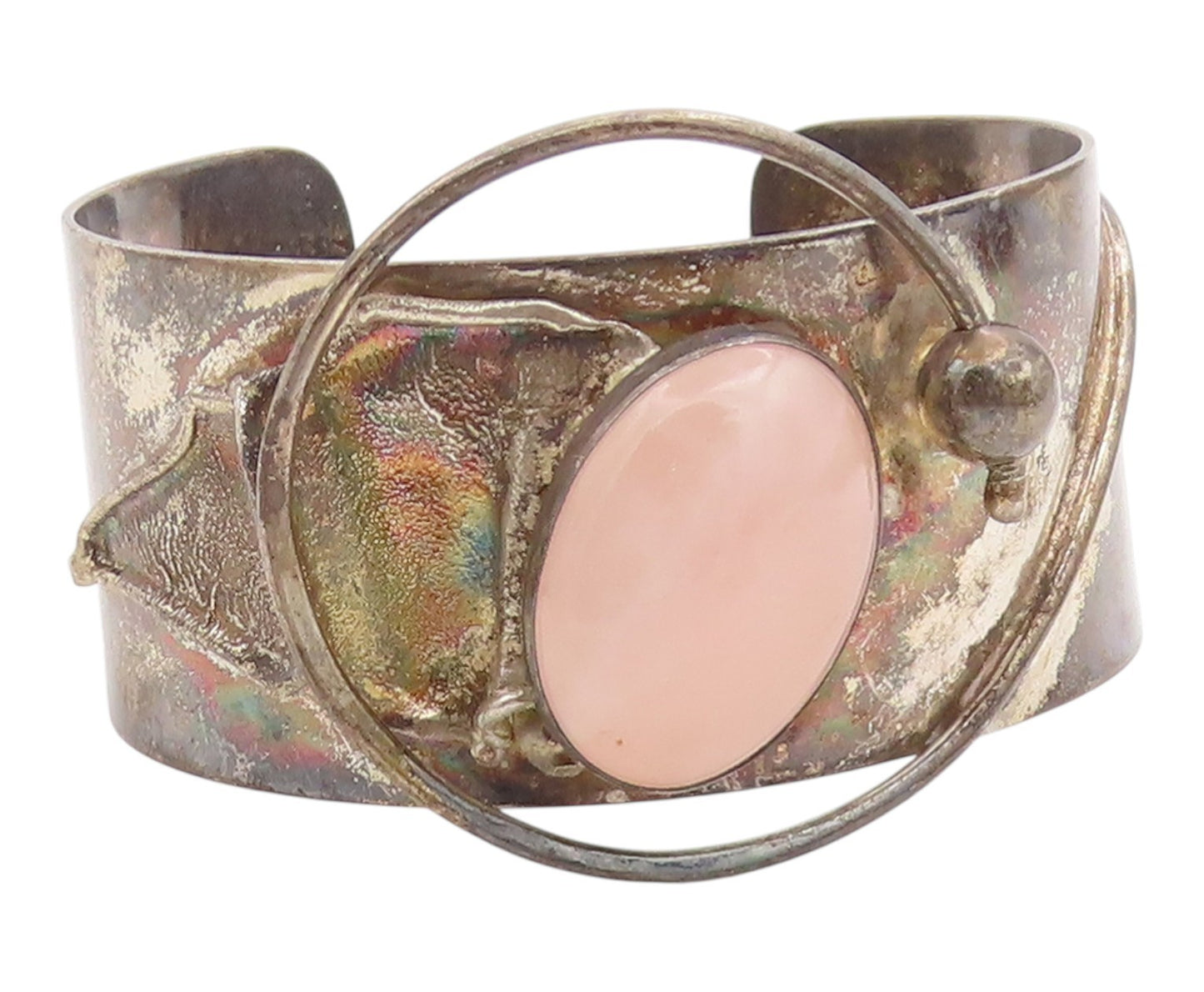925 Sterling Silver Vintage Bracelet Cabochon Rose Quartz Wide Cuff  BT11975