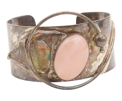925 Sterling Silver Vintage Bracelet Cabochon Rose Quartz Wide Cuff  BT11975