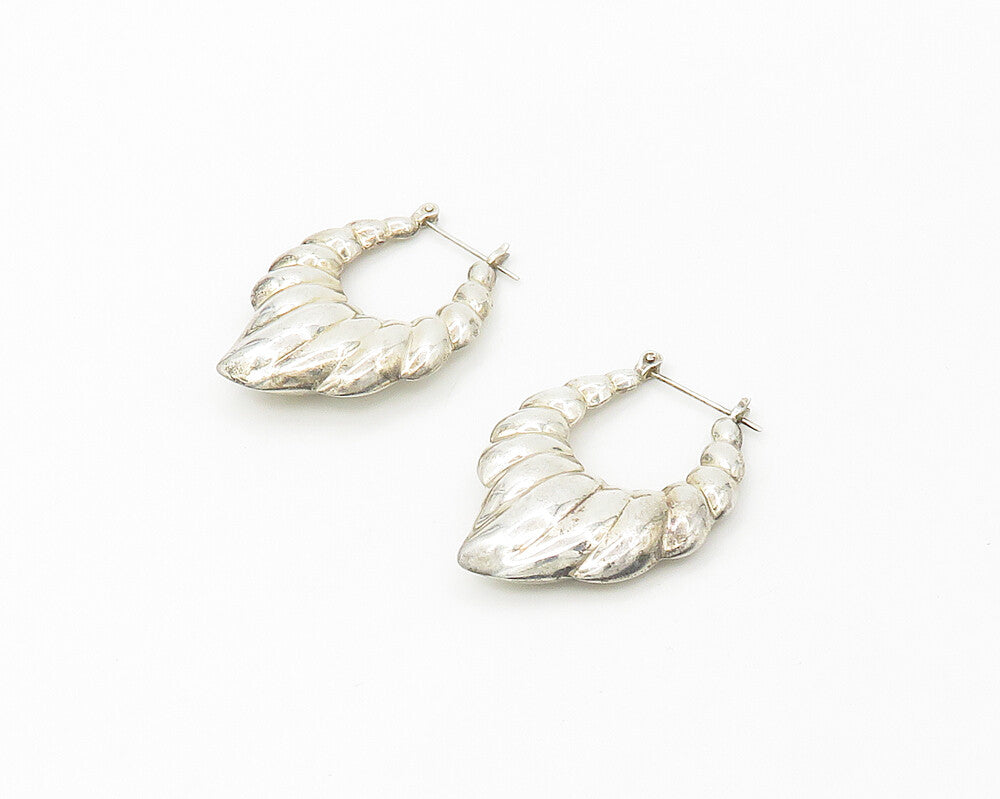 925 Sterling Silver  Vintage Shiny Hollow Fluted Pointed Hoop Earrings  EG8831