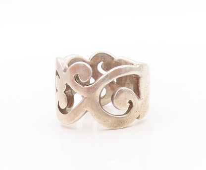 925 Sterling Silver Vintage Ring Broad Swirly Design Cutout Band Sz 8  RG32602