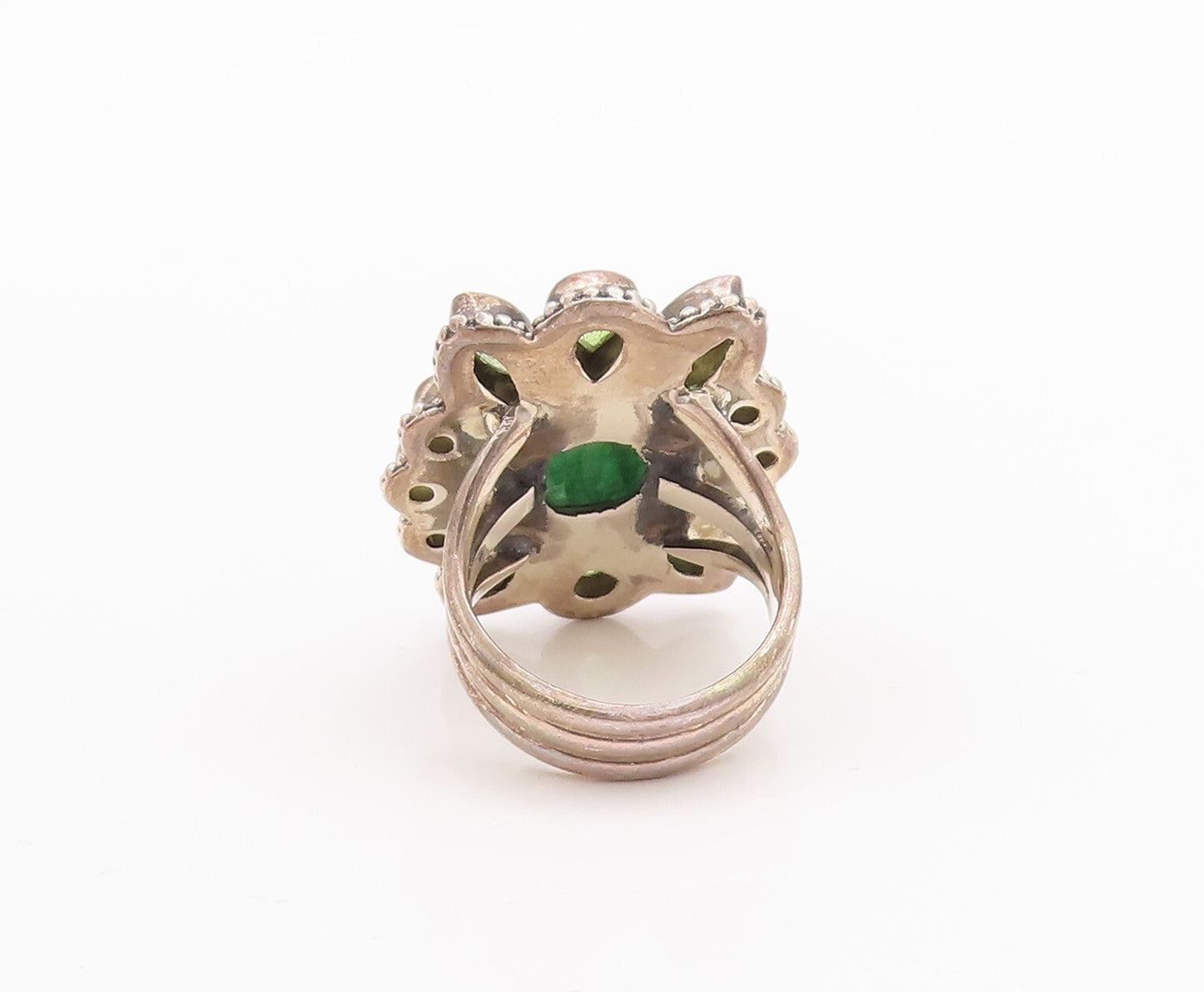 925 Sterling Silver Vintage Ring Peridot & Emerald Floral Inlay  Sz 8  RG29618