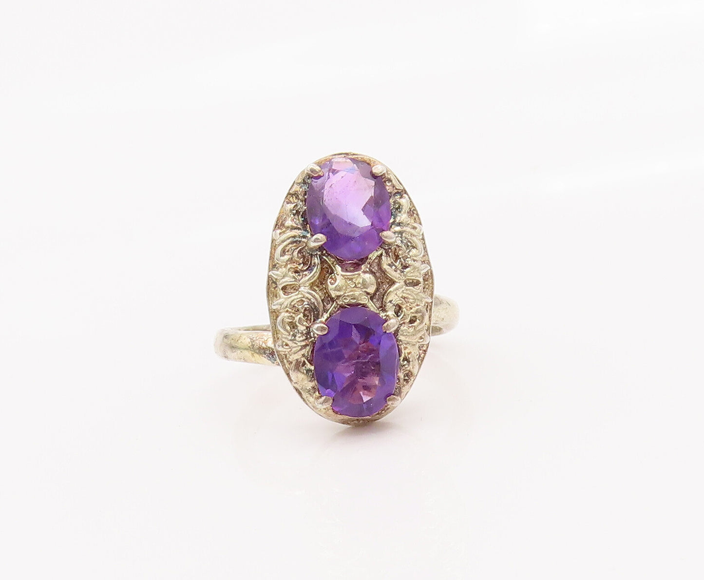 925 Sterling Silver Vintage Ring Hammered Effect Oval Amethyst Sz 9  RG27614