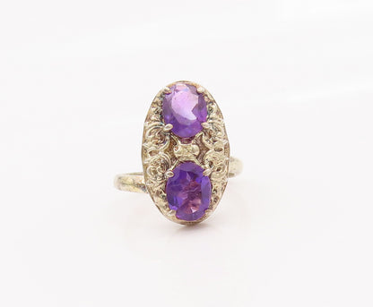 925 Sterling Silver Vintage Ring Hammered Effect Oval Amethyst Sz 9  RG27614