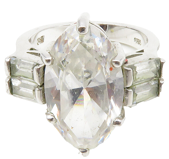 925 Sterling Silver  Shiny Marquise Cubic Zirconia Cocktail Ring Sz 7  RG13963