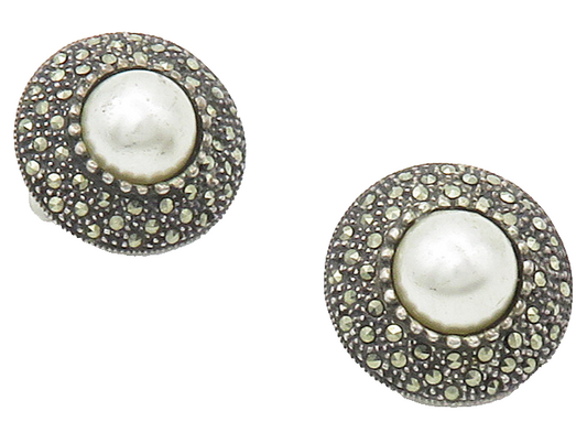 925 Sterling Silver  Vintage Pearl & Marcasite Non Pierce Earrings  EG8544