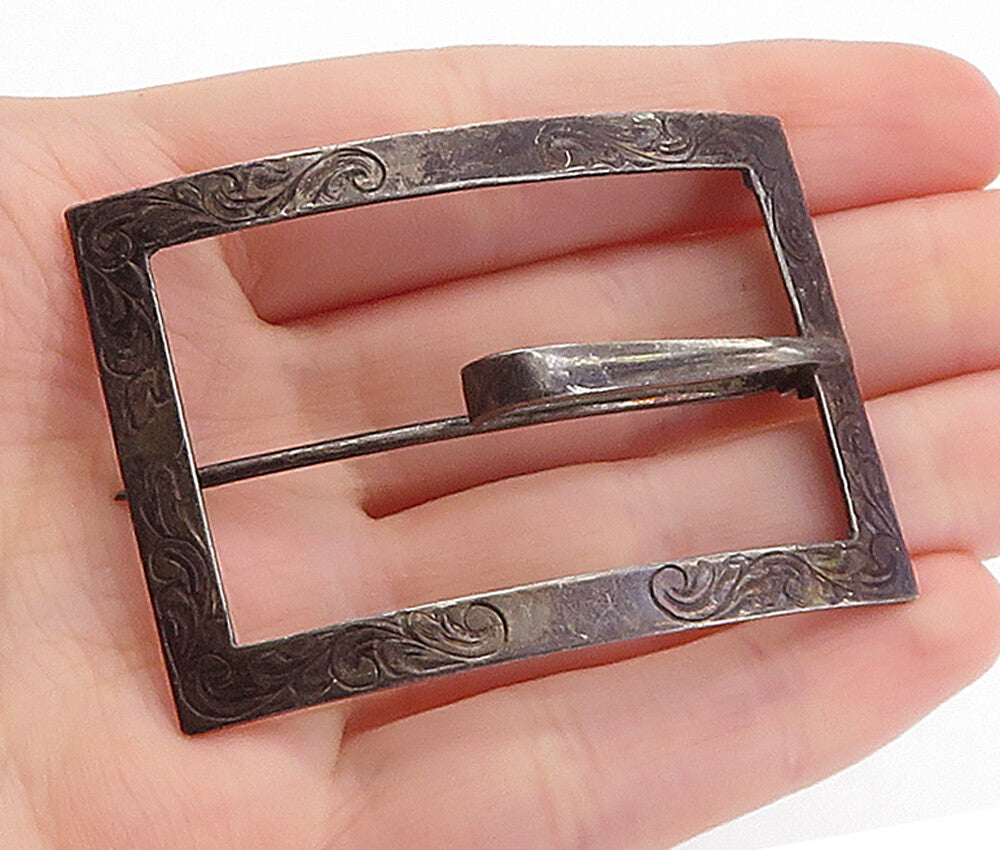 925 Sterling Silver  Vintage Oxidized Swirl Etched Pattern Belt Buckle  TR1191