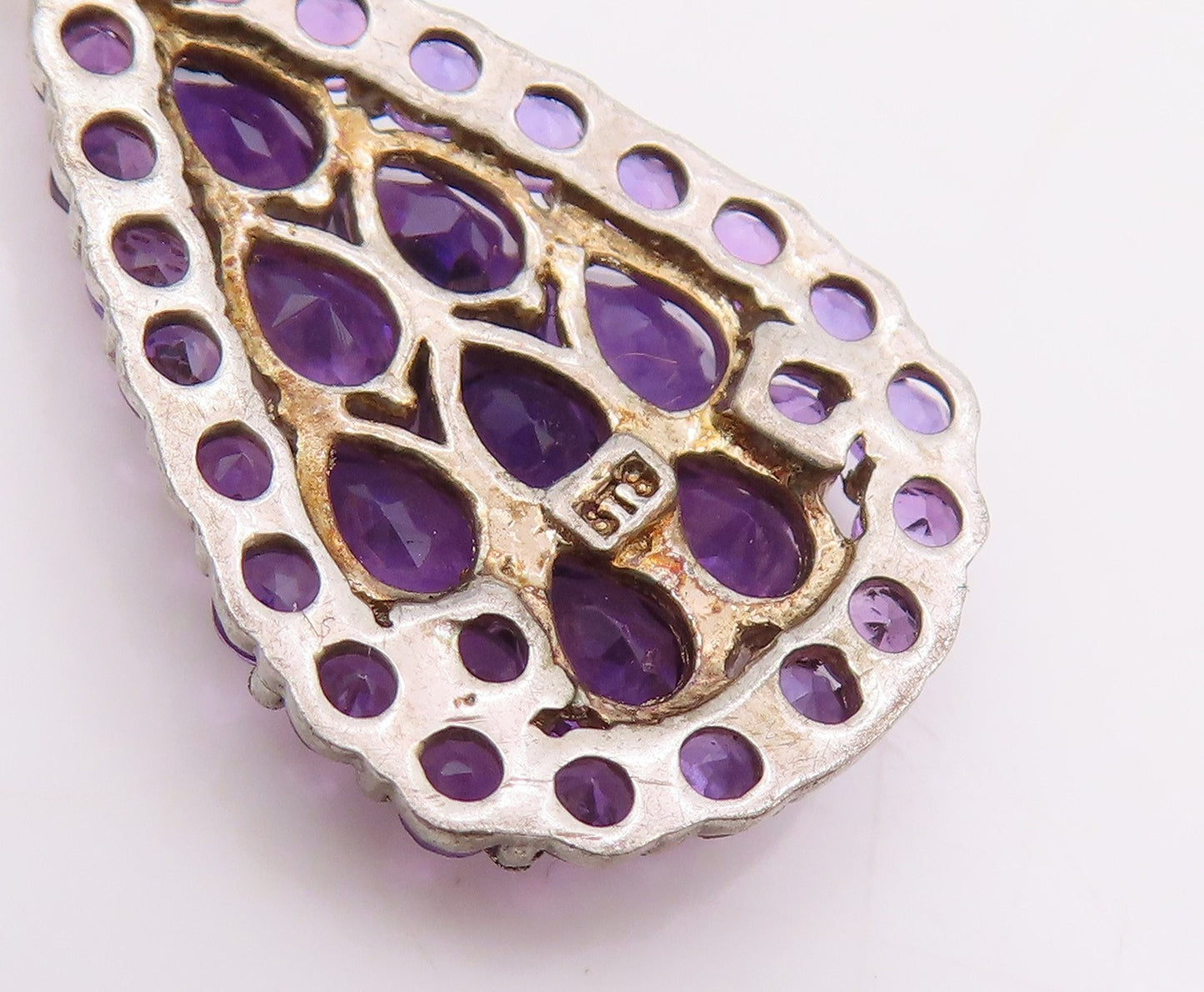 925 Sterling Silver Vintage Earrings Clustered Amethyst Teardrop Dangle  EG13834