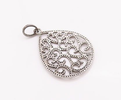 925 Sterling Silver Vintage Pendant 1/2 Ct Diamonds Swirly Carved Drop PT22941