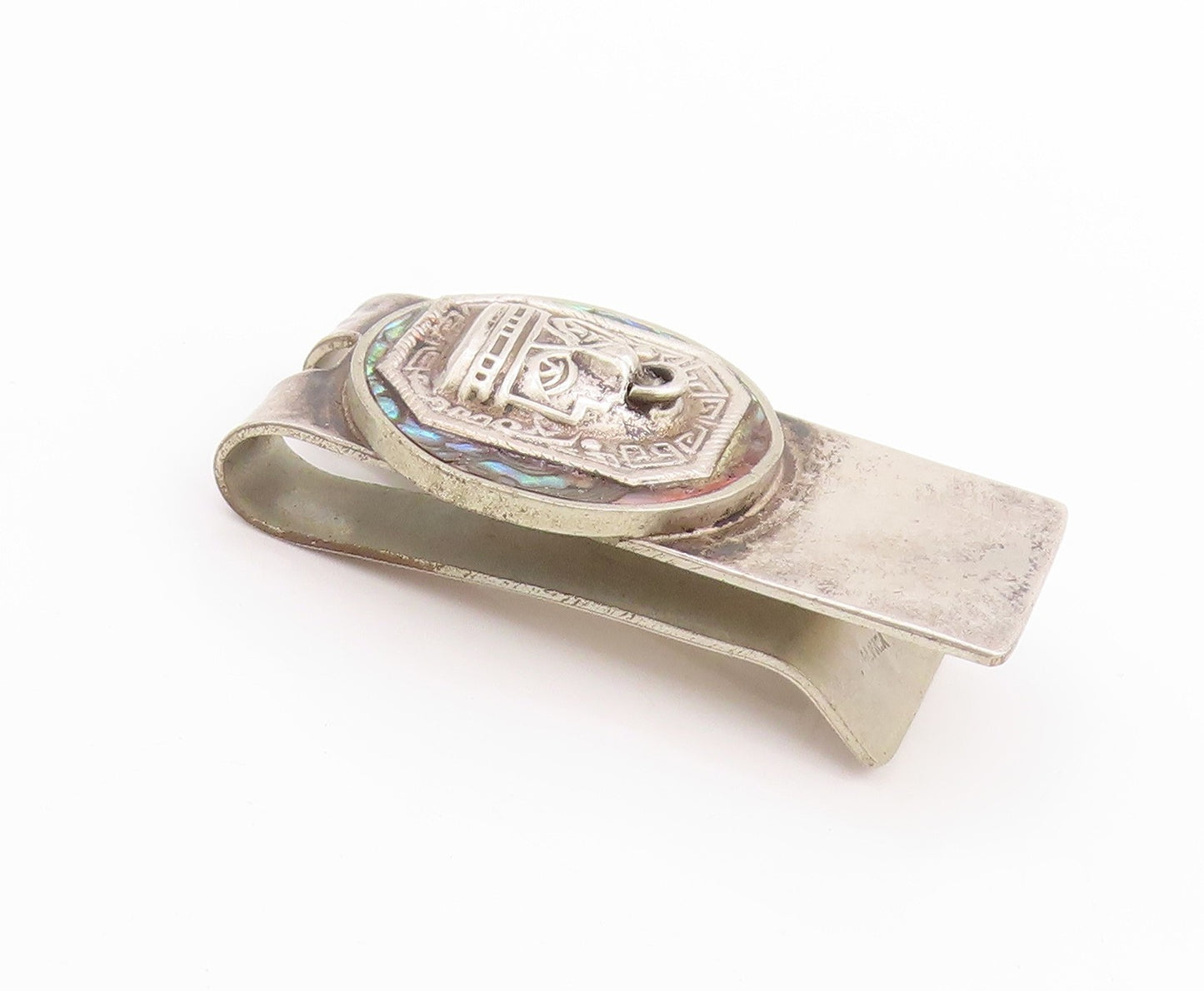925 Sterling Silver Vintage Money Clip Abalone Inlay Aztec Sun God Motif  TR3970