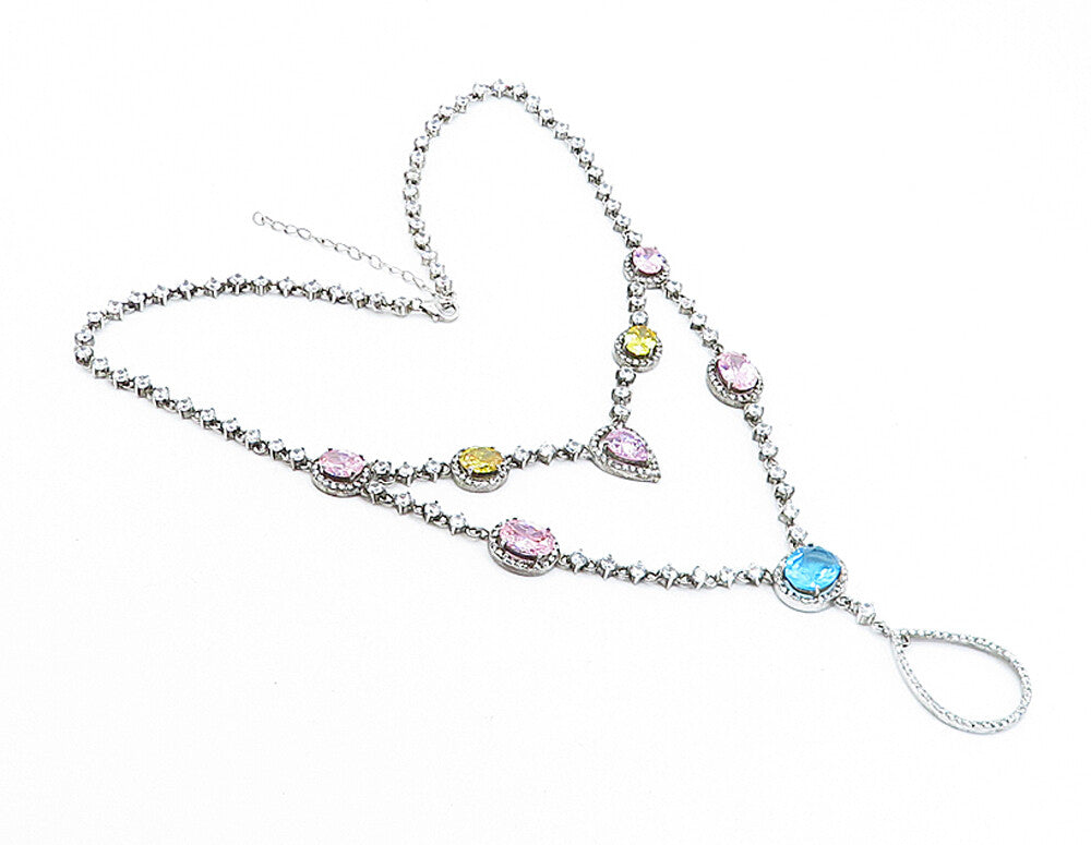 925 Sterling Silver  Vintage Topaz & Cubic Zirconia Chain Necklace  NE1126