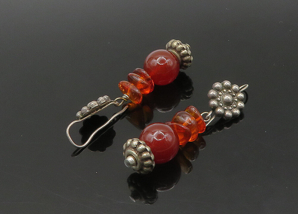 925 Sterling Silver  Vintage Amber Dark Tone Floral Dangle Earrings  EG10843
