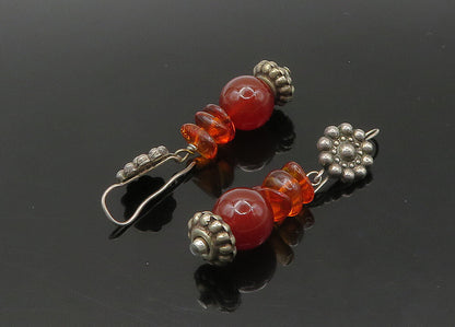 925 Sterling Silver  Vintage Amber Dark Tone Floral Dangle Earrings  EG10843