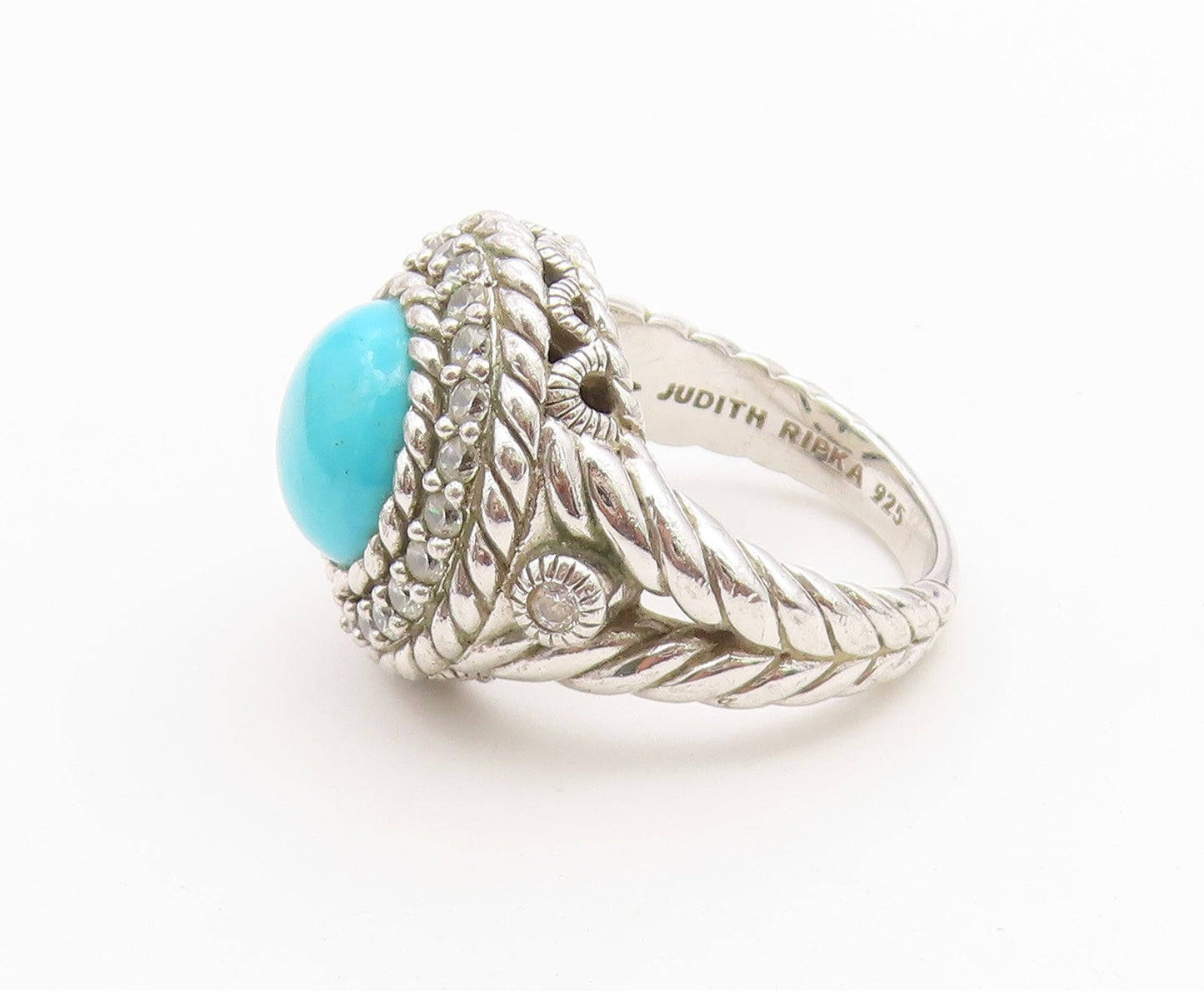 925 Sterling Silver Vintage Ring JUDITH RIPKA Turquoise & CZ Band  Sz 6  RG36686
