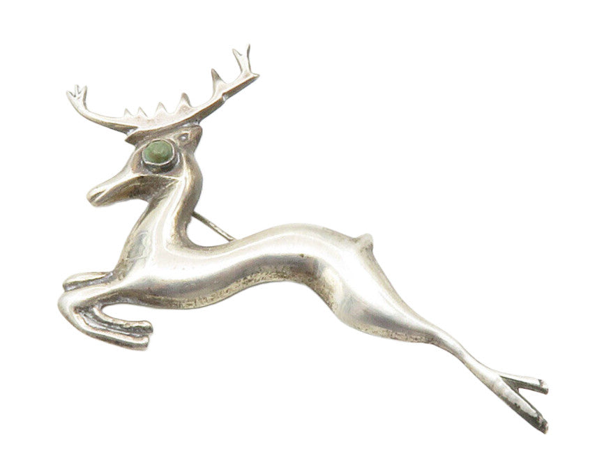 MEXICO 925 Sterling Silver  Vintage Antique Turquoise Deer Brooch Pin  BP4681