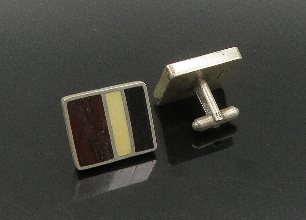 925 Sterling Silver  Vintage Inlaid Wood Heavy Square Cufflinks  TR3138