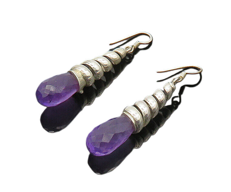 925 Sterling Silver  Vintage Faceted Amethyst Shiny Rain Drop Earrings  EG9913