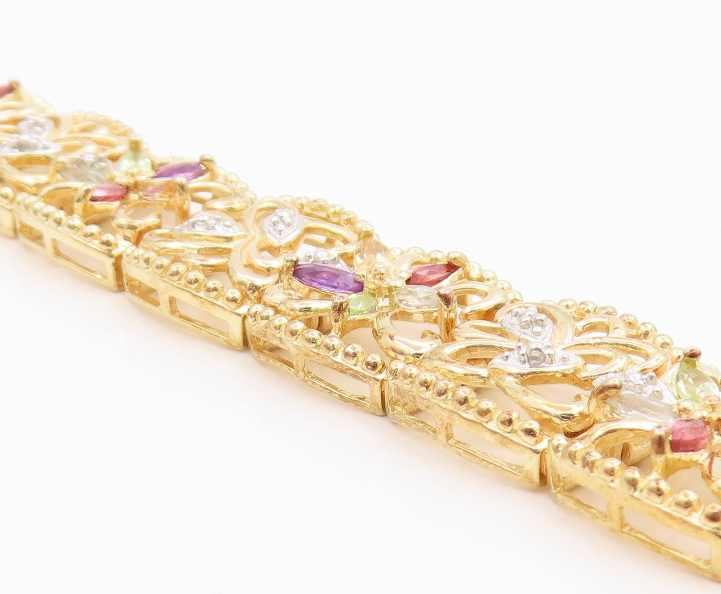 925 Sterling Silver Vintage Bracelet Gold Plated Gemstone Floral Link  BT12076