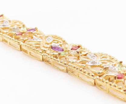 925 Sterling Silver Vintage Bracelet Gold Plated Gemstone Floral Link  BT12076