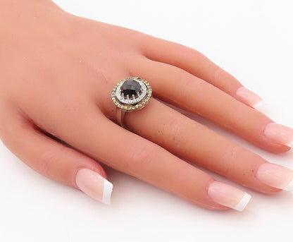 925 Sterling Silver Vintage Ring Round Onyx Halo Yellow & White CZ Sz 7  RG29948