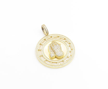 925 Sterling Silver Vintage Pendant Gold Plated CZ Praying Hands Medal   PT25259