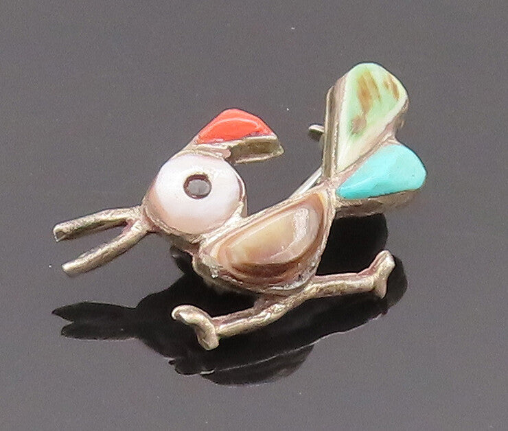 925 Sterling Silver Vintage Brooch Pin NAVAJO ZUNI Gems Cocktail Bird  BP10687