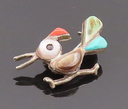 925 Sterling Silver Vintage Brooch Pin NAVAJO ZUNI Gems Cocktail Bird  BP10687
