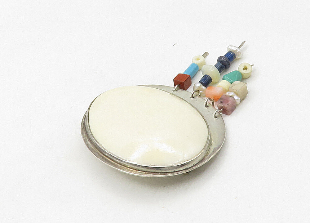GFMW 925 Silver Vintage Lapis Lazuli & Multi Stone Beaded Brooch Pin BP8445