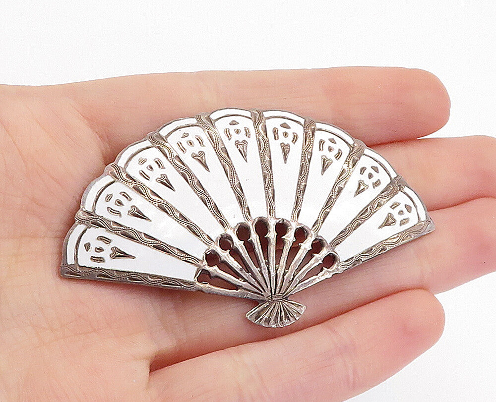 SIAM 925 Sterling Silver  Vintage Enamel Coated Hand Fan Brooch Pin  BP2410