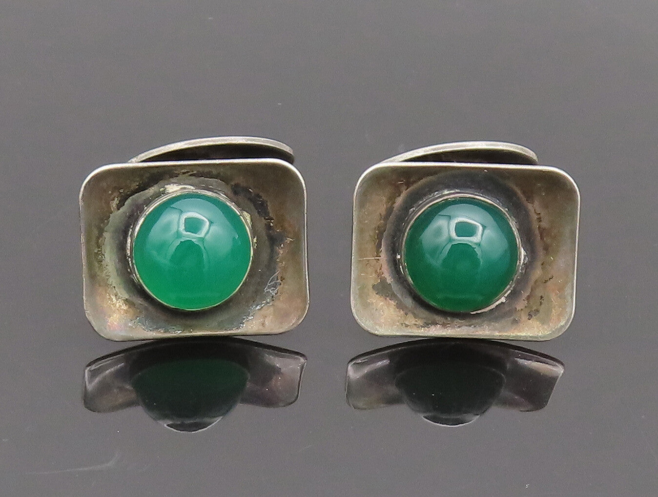 DRAGSTED DENMARK 925 Sterling Silver Vintage Curved Plate Jade Cuff Links TR3605