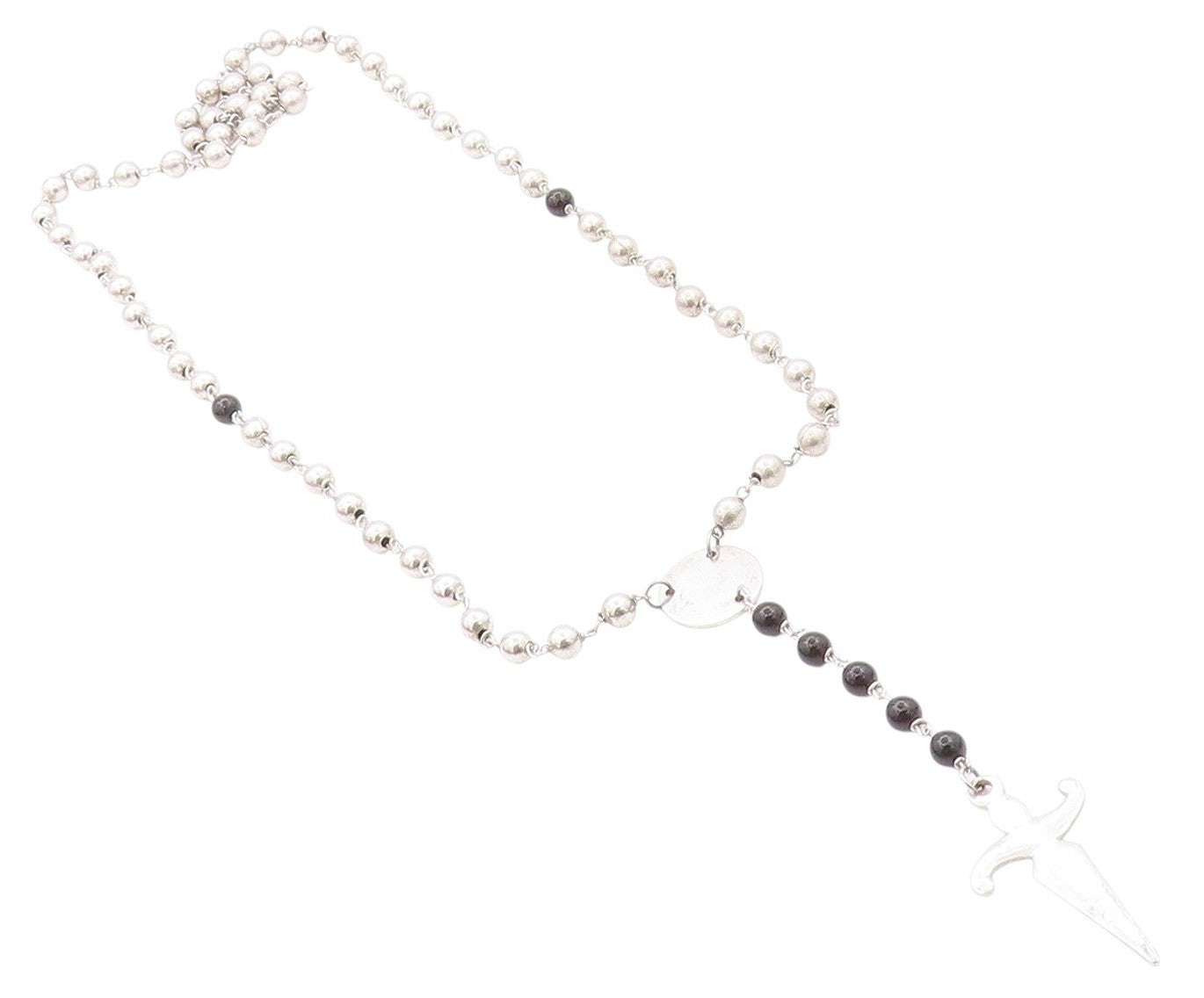 925 Sterling Silver Vintage Necklace Onyx & Linked Beads Dancing Figure  NE4565